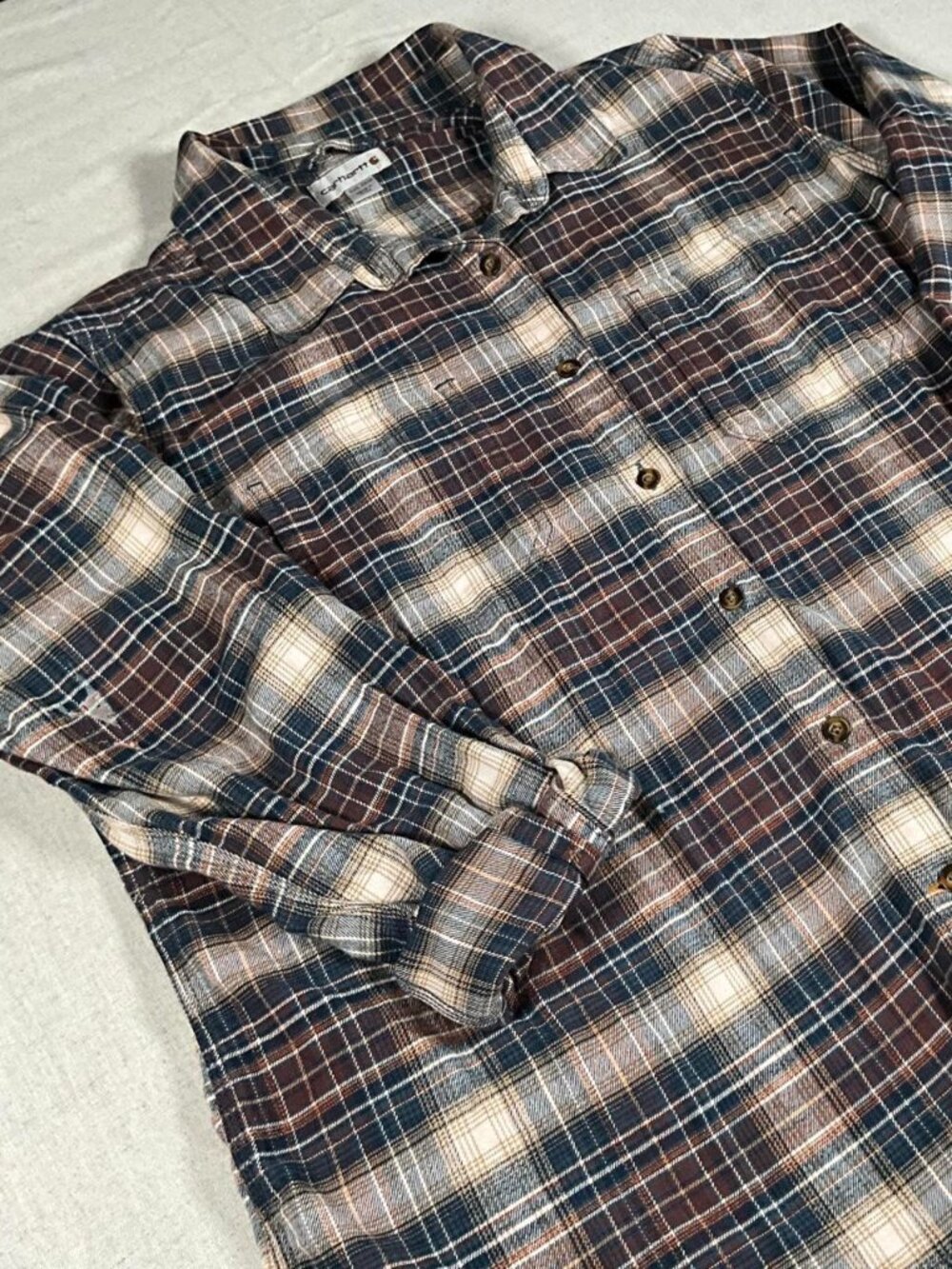 Mens Carhartt Brown Blue Plaid Loose Fit Cotton Fall Flannel Shirt (2XL)
